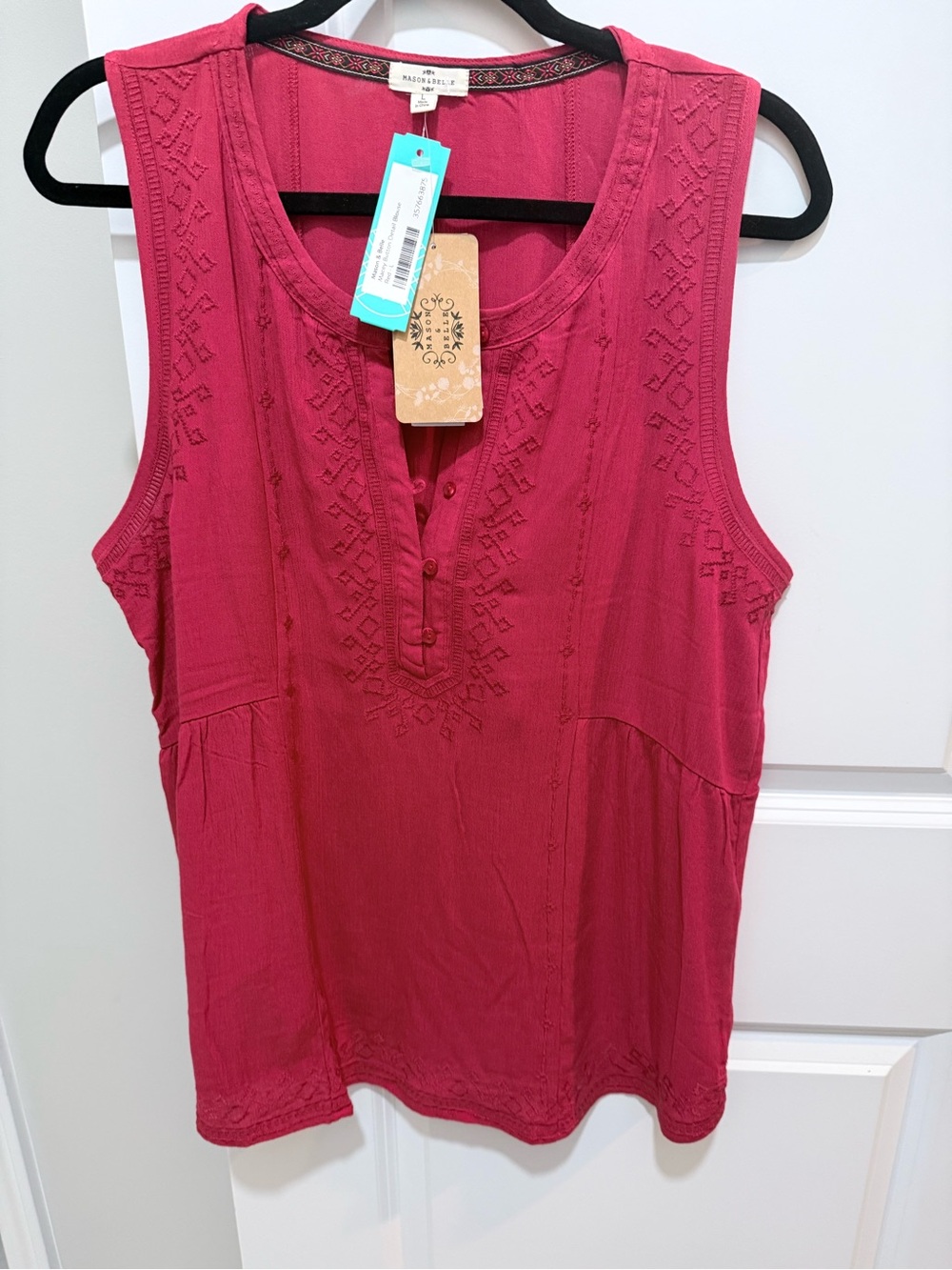 Mason and Belle Button Detail Sleeveless Embroidered Tank Top in Red.